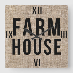 Relógio Quadrado FARMHOUSE Black Lettering Rustic Burlap Sactering