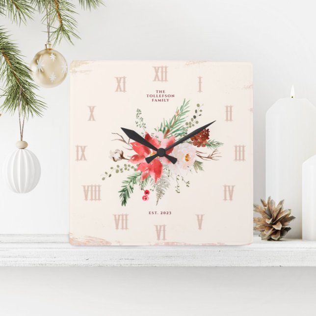 Relógio Quadrado Farmhouse Christmas Winter Poinsettia Russo (Christmas Clock - Rustic Vintage Farmhouse Poinsettia & Winter Greenery)