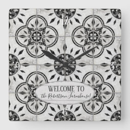 Relógio Quadrado Farmhouse Damask Azulejo Patterno Wood Family Name