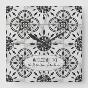 Relógio Quadrado Farmhouse Damask Azulejo Patterno Wood Family Name