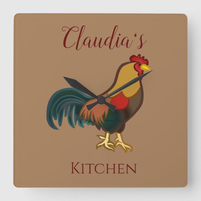 Relógio Quadrado Farmhouse Rooster Design Kitchen Square Wall Clock (Frente)