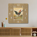 Relógio Quadrado Farmhouse Rooster Russo Burlap Jute<br><div class="desc">Relógio da cozinha da fazenda com um fundo de textura rústica.</div>