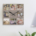 Relógio Quadrado Farmhouse Russo de Colagem de Fotografias Personal<br><div class="desc">álbuns decorativos de madeira assada,  simulados por medida,  com modelo para guardar 8 fotografias,  apresentadas para se parecerem pintadas diretamente na madeira.</div>