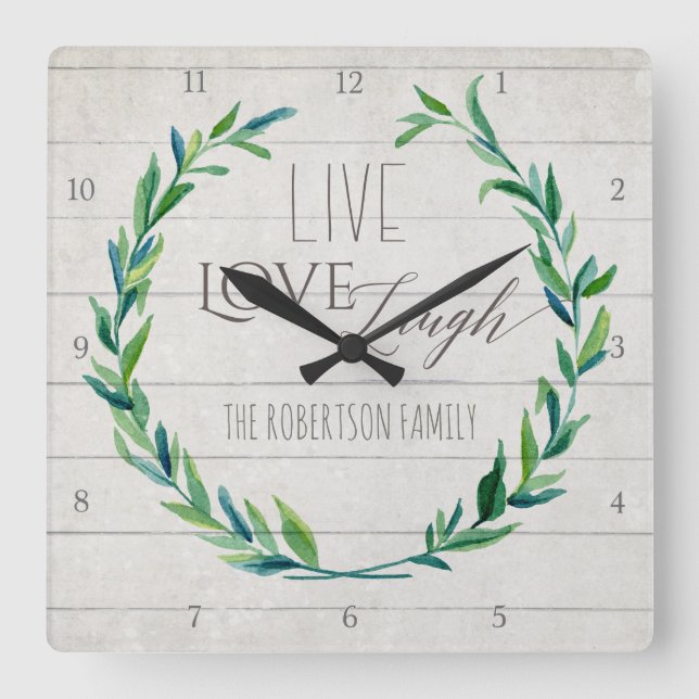 Relógio Quadrado Farmhouse Shiplap Wood Russe Leaf Wreath Family (Frente)