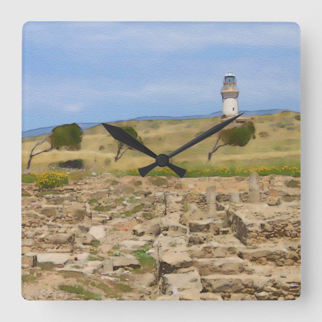 Relógio Quadrado Farol de aquarela (Frente)