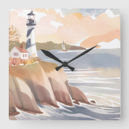Relógio Quadrado Farol na Costa | Oceano em Aquarela