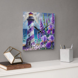 Relógio Quadrado Farol Roxo com Foxglove & Iris Personalizado
