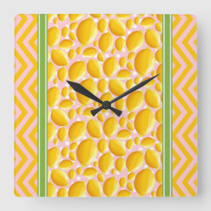 Relógio Quadrado Fatia de Limão Fofo Bolinhas & Chevron Amarelo