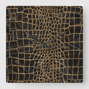 Relógio Quadrado Faux Crocodilo Negro Mármore líquido e ouro