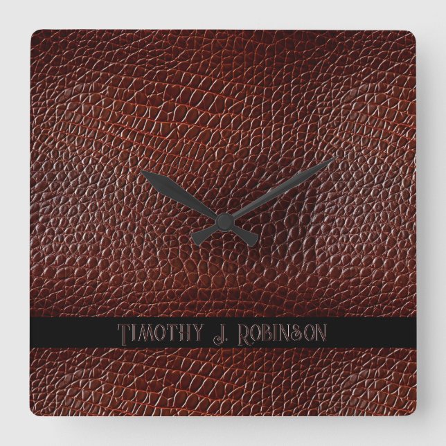 Relógio Quadrado Faux Leather Brown Personalizada Emboscada (Frente)