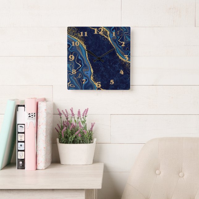 Relógio Quadrado Faux Marble Navy Gold Shades  (Sala de leitura)