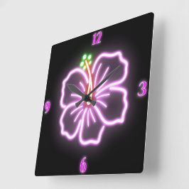 Relógio Quadrado Faux Neon Hibiscus Wall Clock