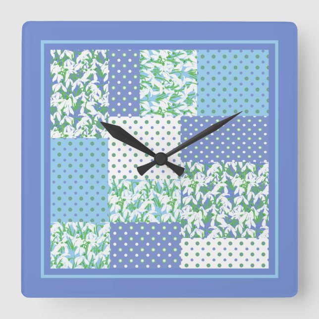 Relógio Quadrado Faux Patchwork Snowdrops Blue Green e Polkas (Frente)