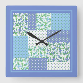 Relógio Quadrado Faux Patchwork Snowdrops Blue Green e Polkas