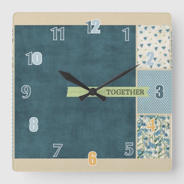 Relógio Quadrado Fecho de Parede Azul Junto (Frente)