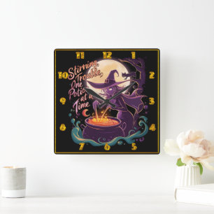 Relógio Quadrado Feiticeira fazendo poções sob a lua de cheio