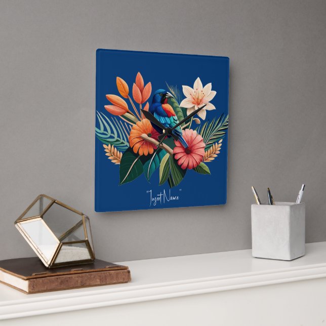 Relógio Quadrado Felicidade tropical: Fusão vibrante da Flora (Escritório)