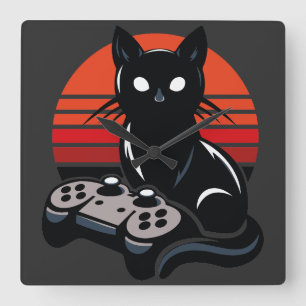 Relógio Quadrado Feline Gamer: As Crônicas do Controlador Pawsome