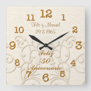 Relógio Quadrado Feliz 50 Aniversario com NOMES e DATA do casal