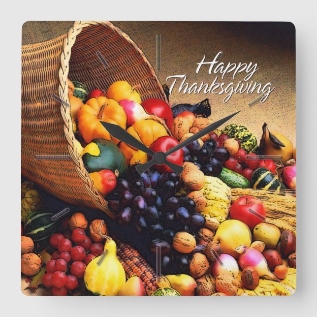 Relógio Quadrado Feliz Ação de Graças 12 Opções de Relógios de Pare (Frente)