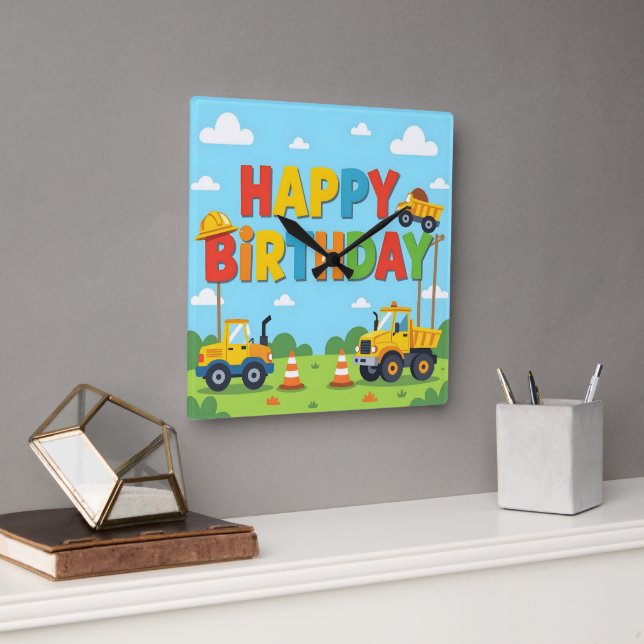 Relógio Quadrado Feliz aniversário tema construtor de obras (Escritório)