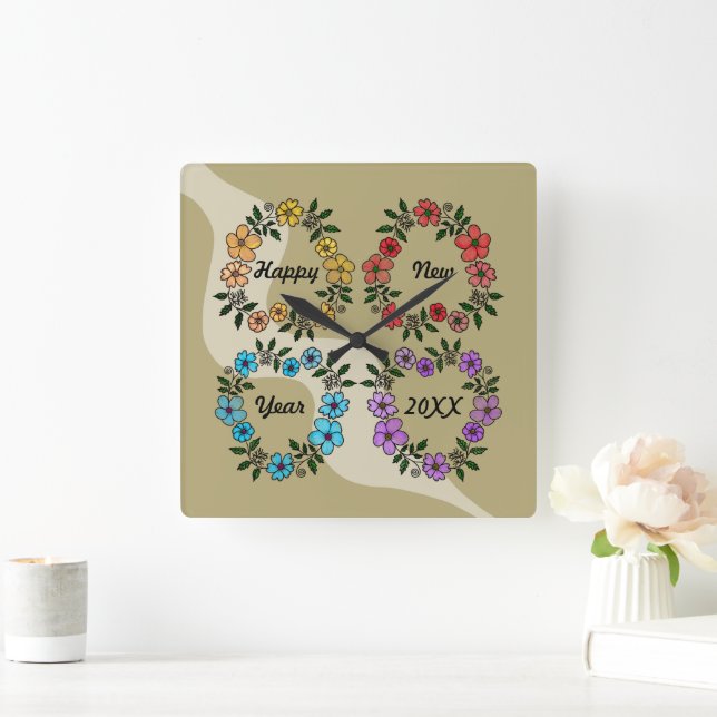 RELÓGIO QUADRADO FELIZ ANO NOVO 20XX PERSONALIZADO E FLOWERS WREATH (Lar)
