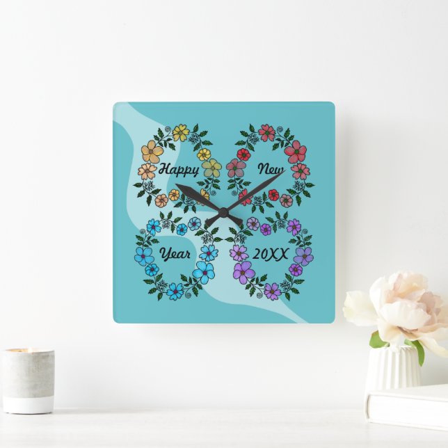 RELÓGIO QUADRADO FELIZ ANO NOVO 20XX PERSONALIZADO E FLOWERS WREATH (Lar)