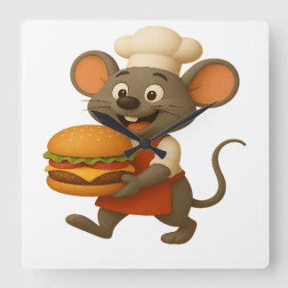 Relógio Quadrado Feliz Chef de Rato de Cartoon com Queijo Grande - 