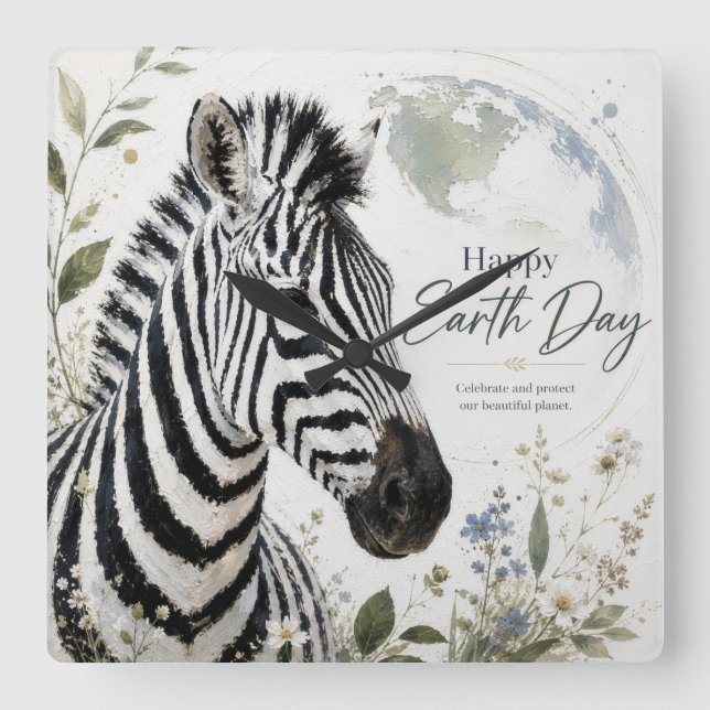 Relógio Quadrado Feliz Dia da Terra Zebra Fauna (Frente)