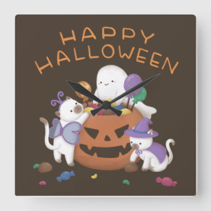 Relógio Quadrado Feliz Dia das Bruxas: Gatos e Fantasmas