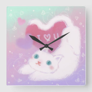 Relógio Quadrado Feliz Dia dos Namorados com Gato Branco Fofinho