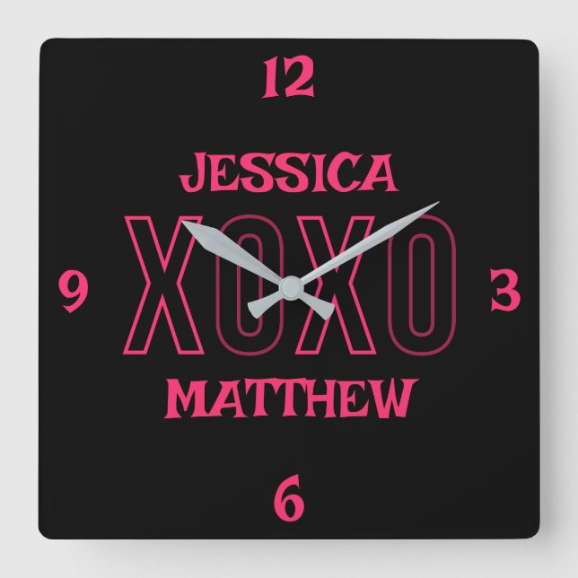 Relógio Quadrado Feliz Dia dos Namorados Nome do Casal Rosa Doce (Frente)