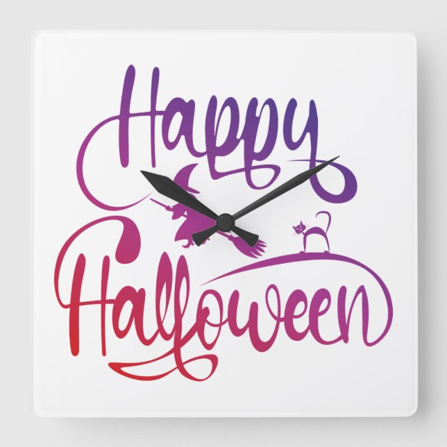 Relógio Quadrado Feliz Halloween gradient voando feiticeiro (Frente)