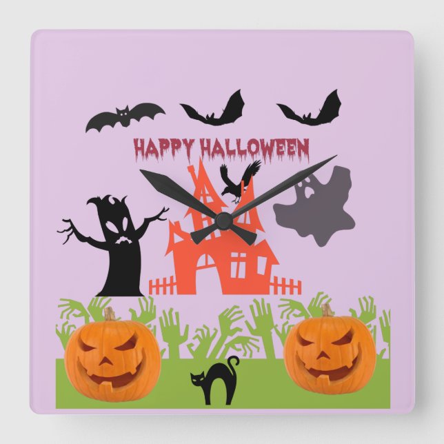 Relógio Quadrado Feliz Halloween Tronco de Árvore Ameaçadora, Morce (Frente)