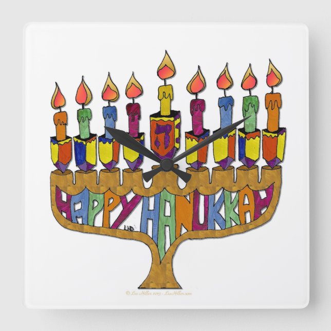 Relógio Quadrado Feliz Hanukkah Dreidels Menorah (Frente)