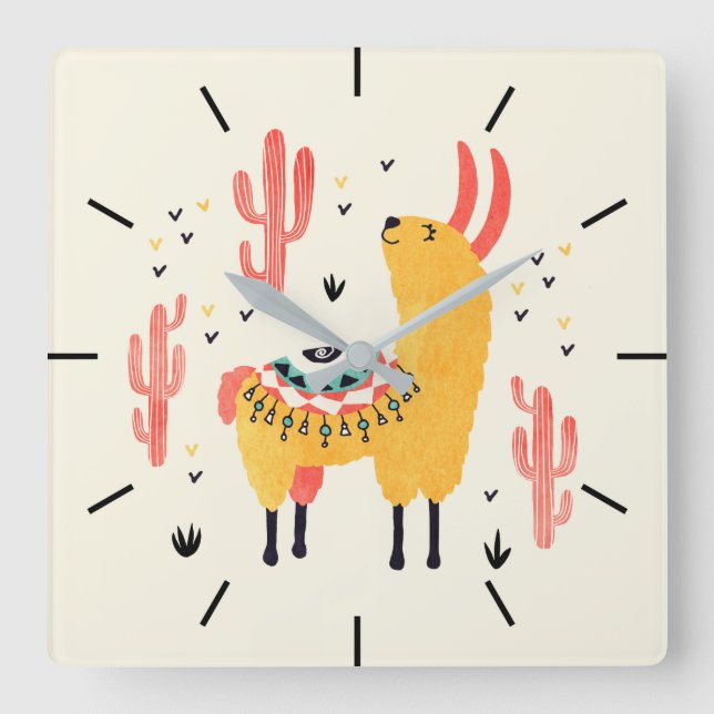 Relógio Quadrado Feliz lhama com cacto (Frente)