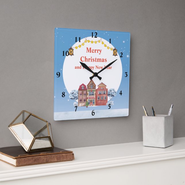 Relógio Quadrado Feliz Natal e Feliz ano novo 10,75" (Escritório)