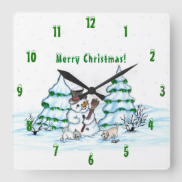 Relógio Quadrado Feliz Natal! Neve com Cat e Puppy