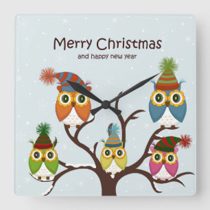 Relógio Quadrado Feliz Natal Owls na Árvore