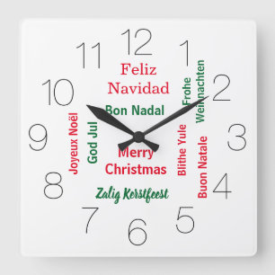 Relógio Quadrado Feliz Natal para diferentes idiomas