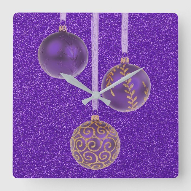 Relógio Quadrado Feliz Natal Purple Glitter Baubles Elegante (Frente)