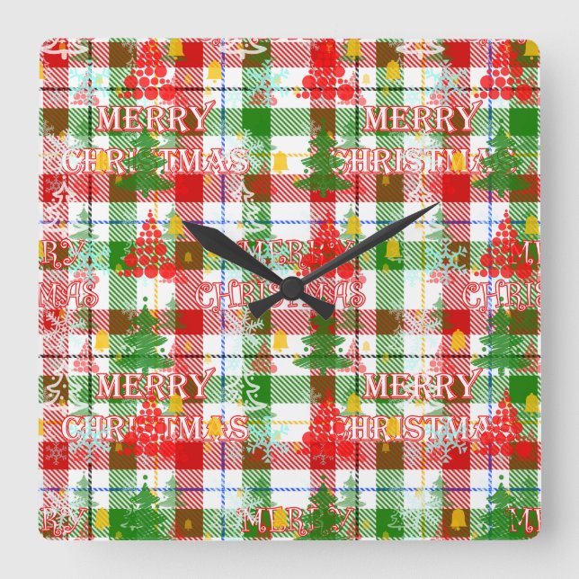 Relógio Quadrado Feliz Natal Xadrez Decorativa Tartan (Frente)