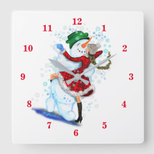 Relógio Quadrado Feliz Snowman e Girl Dance Tango Festa de Natal