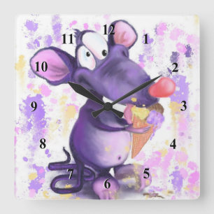 Relógio Quadrado Feliz Sorvete de Rato Roxo - Pintura Engraçada