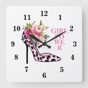 Relógio Quadrado Feminino Rosa Floral e Saltos Altos