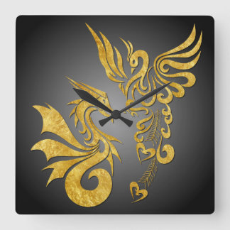 Relógio Quadrado Feng Shui Ouro Phoenix & Dragon Clock - preto