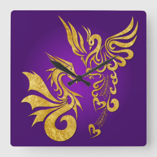 Relógio Quadrado Feng Shui Ouro Phoenix & Dragon Clock - roxo
