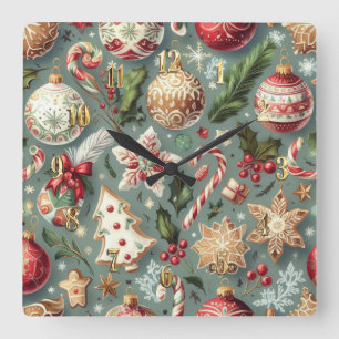 Relógio Quadrado Feriado de Motifs de Natais vintages de Aquarela