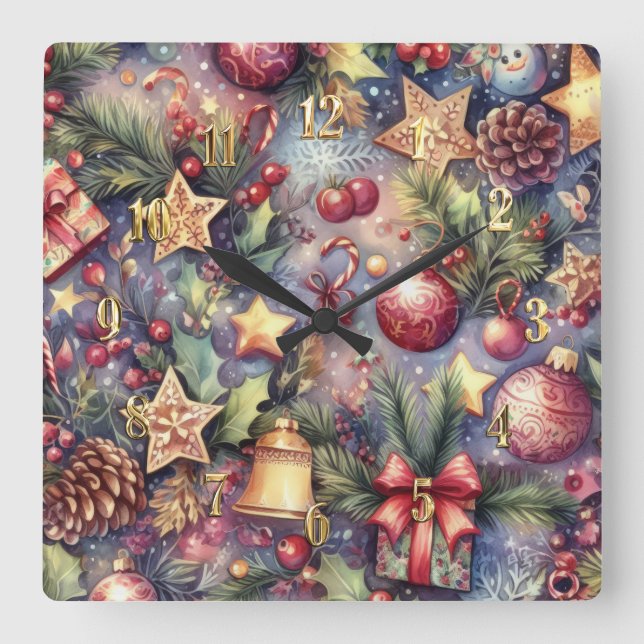 Relógio Quadrado Feriado de Motifs de Natal Roxo com Aquarela (Frente)