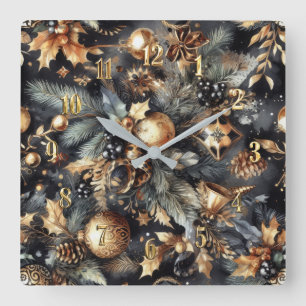 Relógio Quadrado Feriado de Motifs Natal Dourado Preto com Aquarela